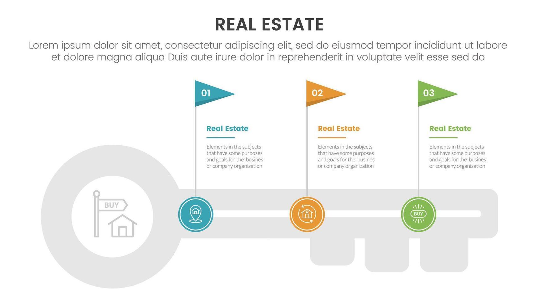 real estate property infographic template banner with big key with timeline flag point with 3 point list information for slide presentation vector