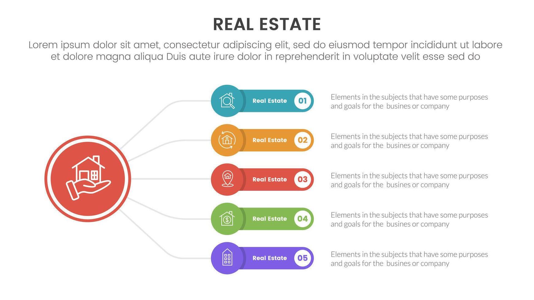 real estate property infographic template banner with round rectangle stack linked with 5 point list information for slide presentation vector