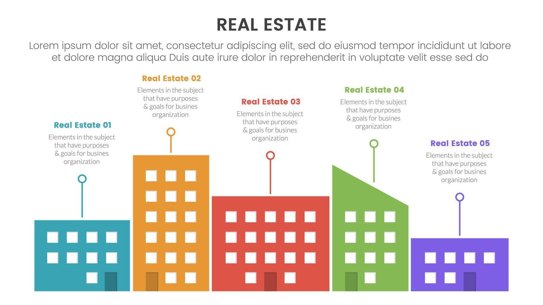 real estate property infographic template banner with high skyscraper city building line description with 5 point list information for slide presentation vector