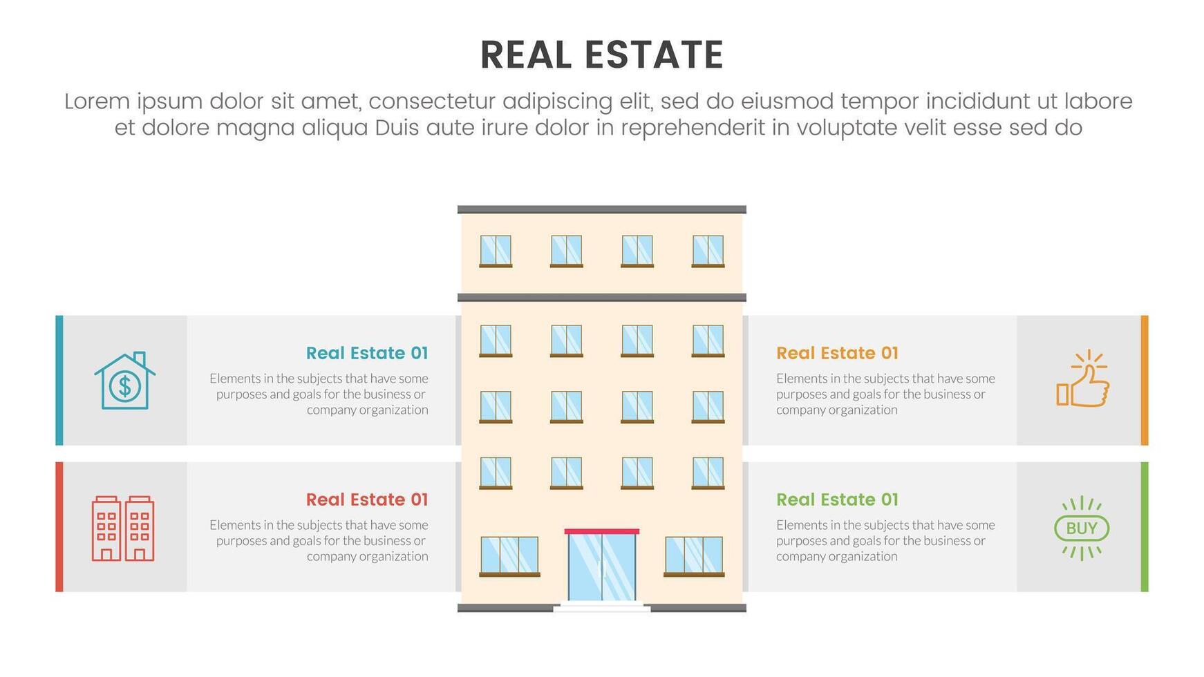 real estate property infographic template banner with hotel building and box description around with 4 point list information for slide presentation vector