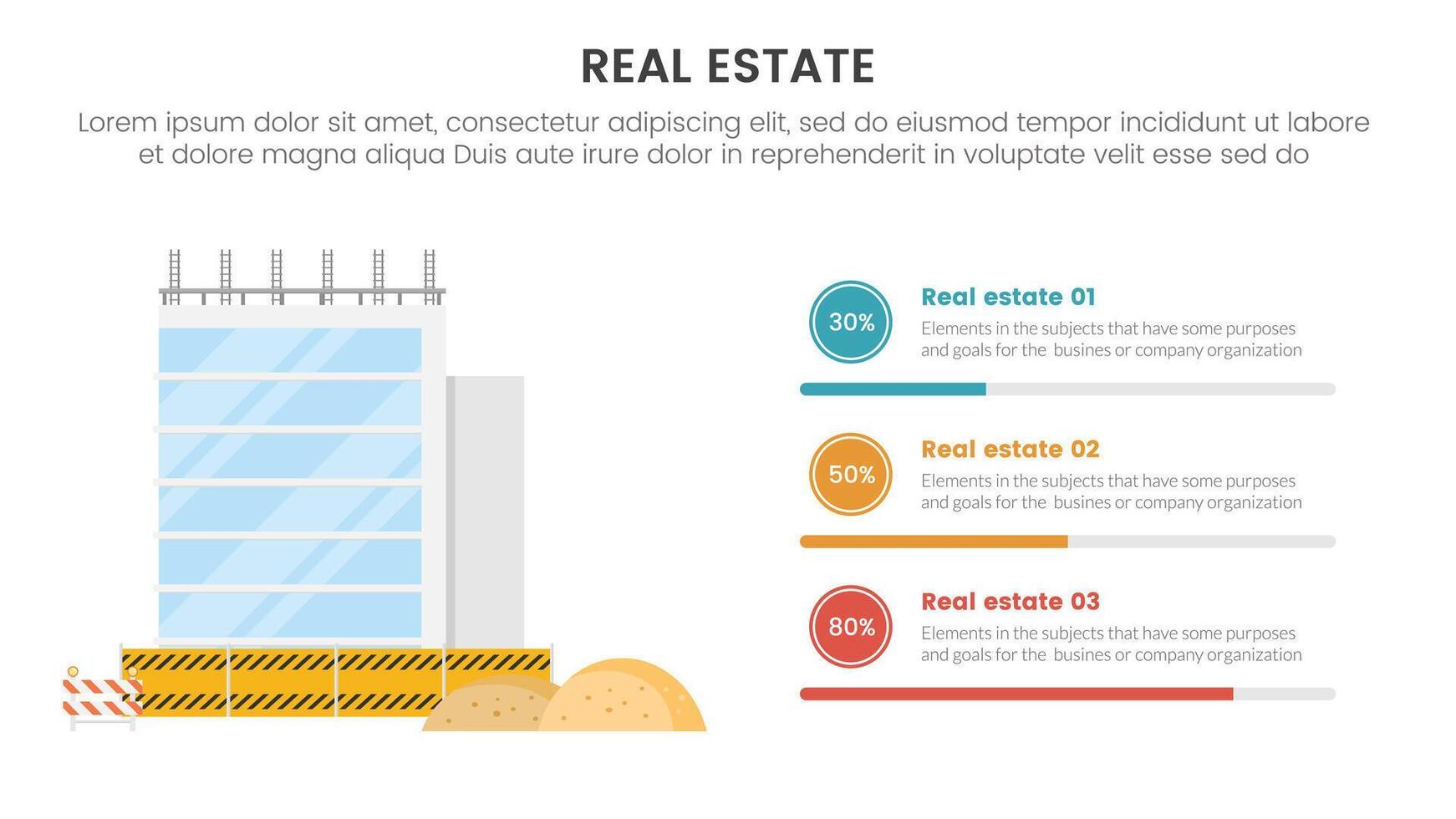 real estate property infographic template banner with big building construction progress with 3 point list information for slide presentation vector