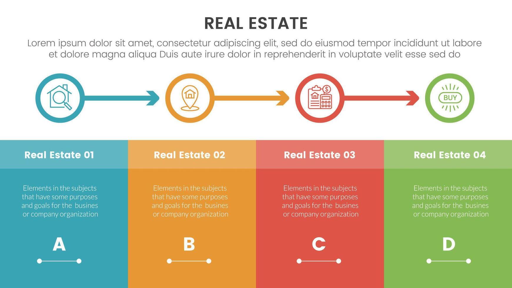 real inmuebles propiedad infografía modelo bandera con página completa mesa y contorno circulo flecha con 4 4 punto lista información para diapositiva presentación vector