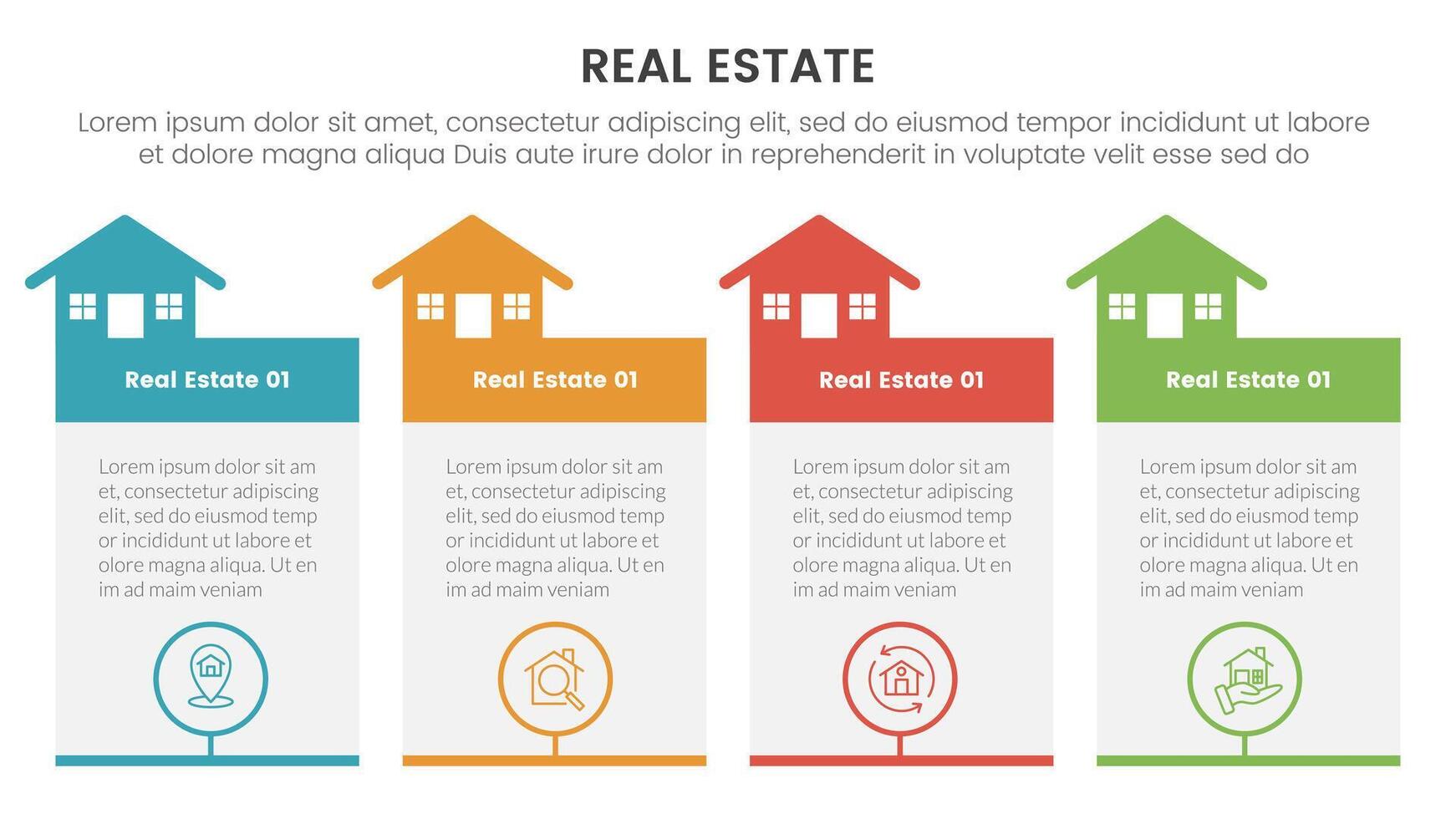 real inmuebles propiedad infografía modelo bandera con grande mesa caja envase con hogar encabezamiento con 4 4 punto lista información para diapositiva presentación vector