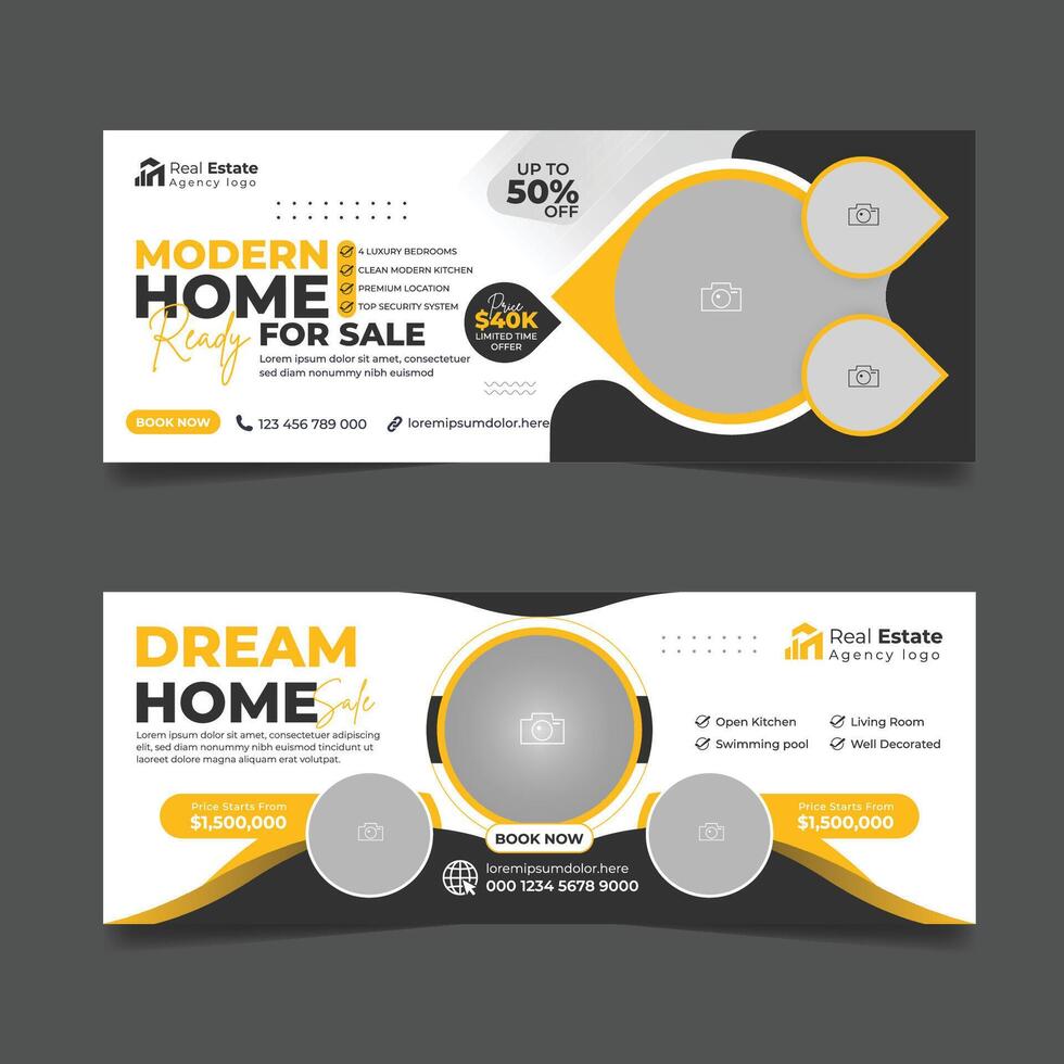 Real estate business agency cover page banner design, House property sale advertising horizontal template. vector