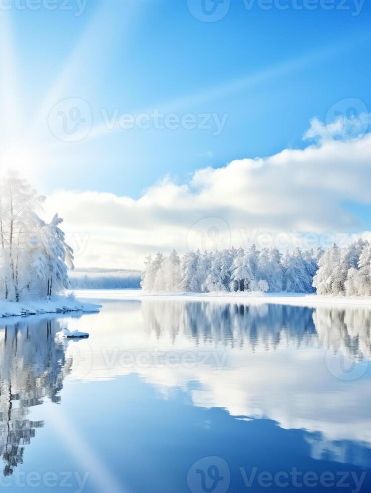A body of water with snow covered trees and blue sky. Winter landscape photo