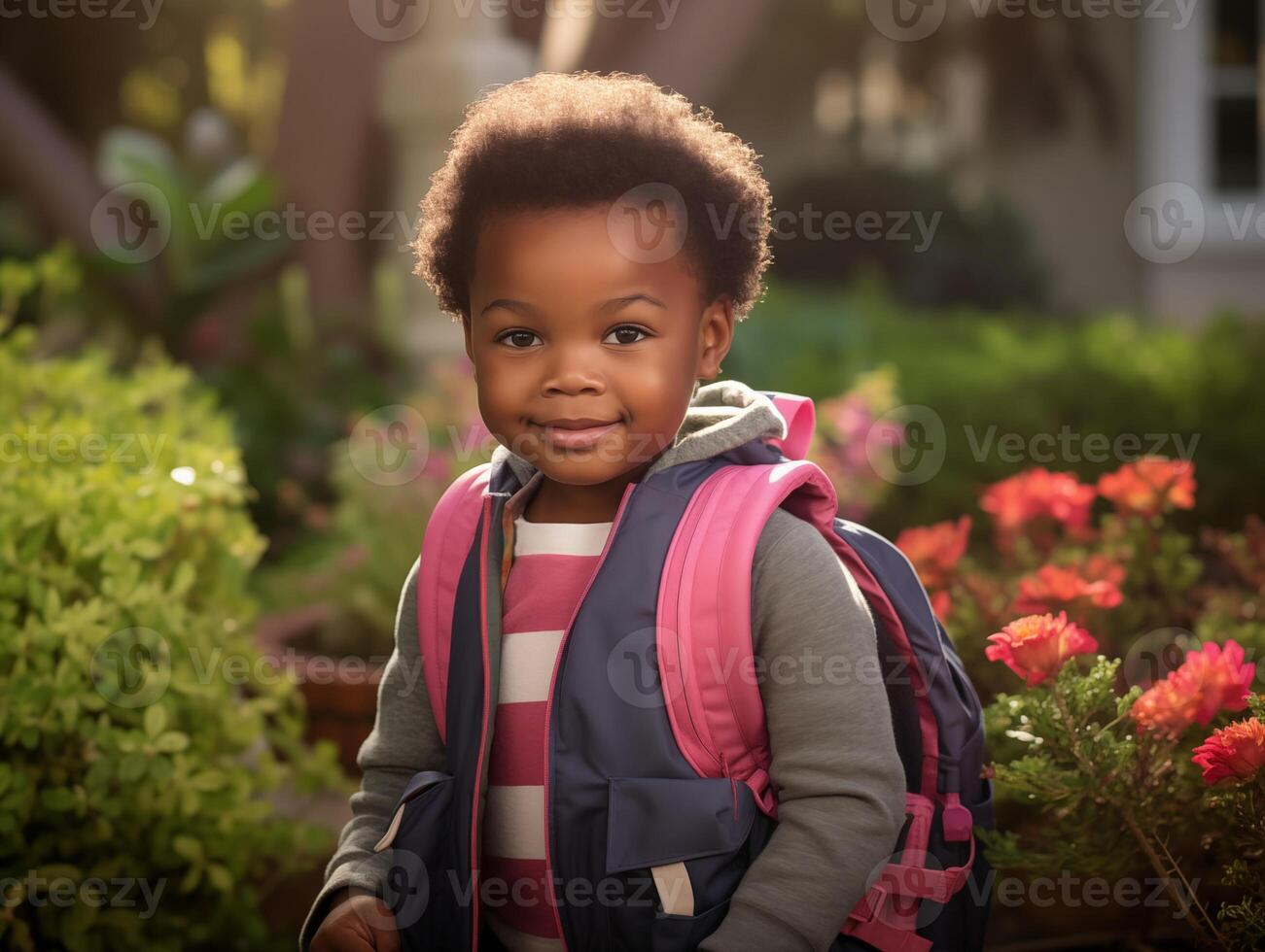 retrato de un alegre negro pequeño chico en su primero colegio día foto