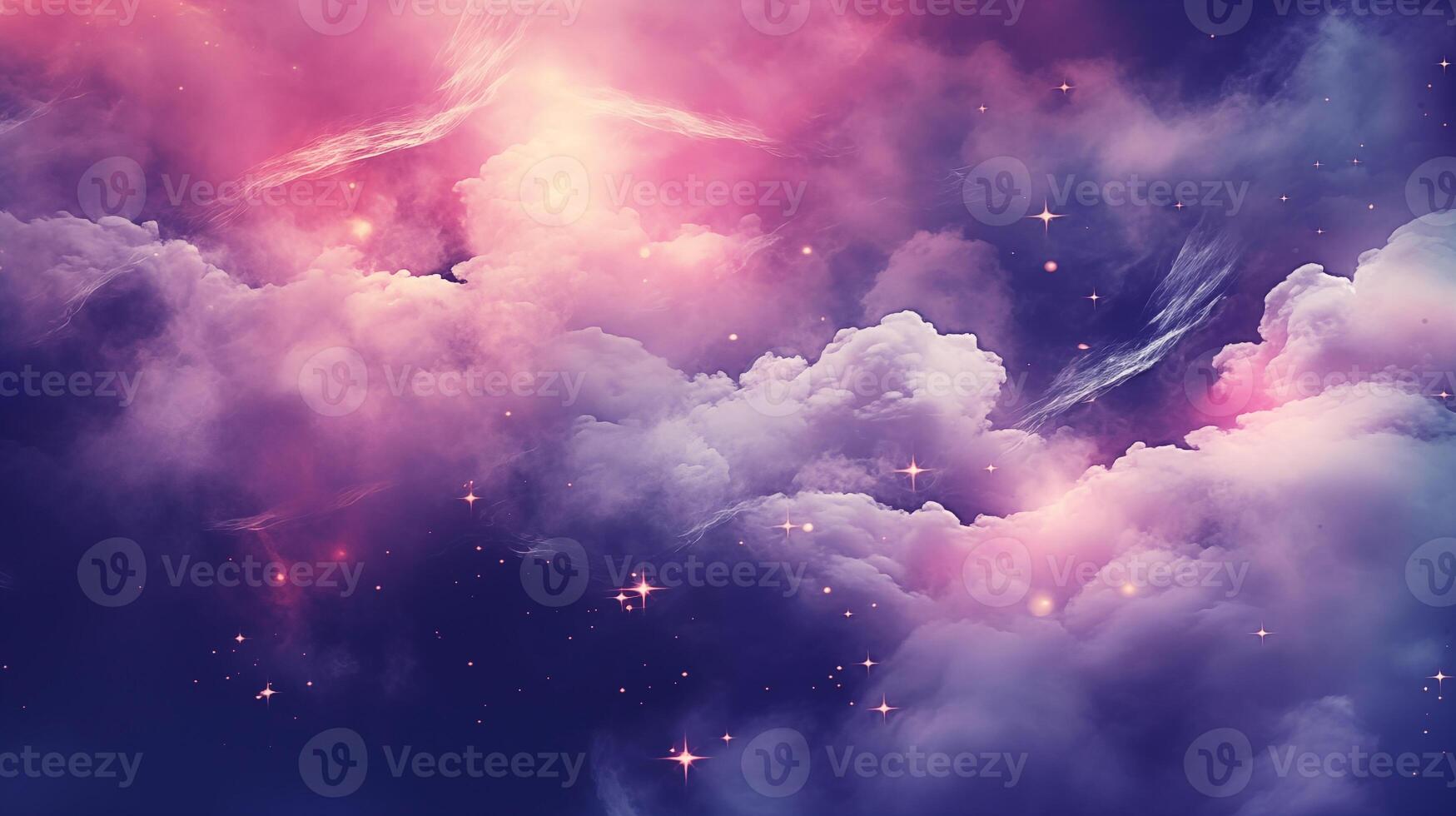 Ethereal clouds mingling with pink cosmic dust background of starry sky photo