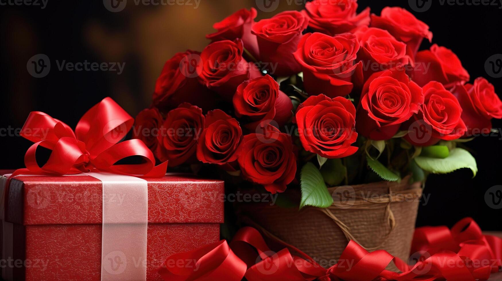 Valentine's Day gift, a box with a bow and roses close-up. 14 February concept photo