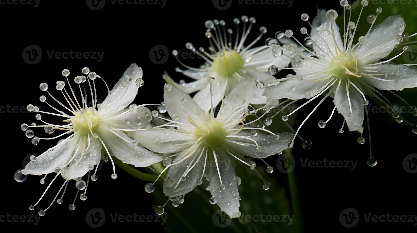 White night-flowering cactus blossoms with water droplets on dark background photo