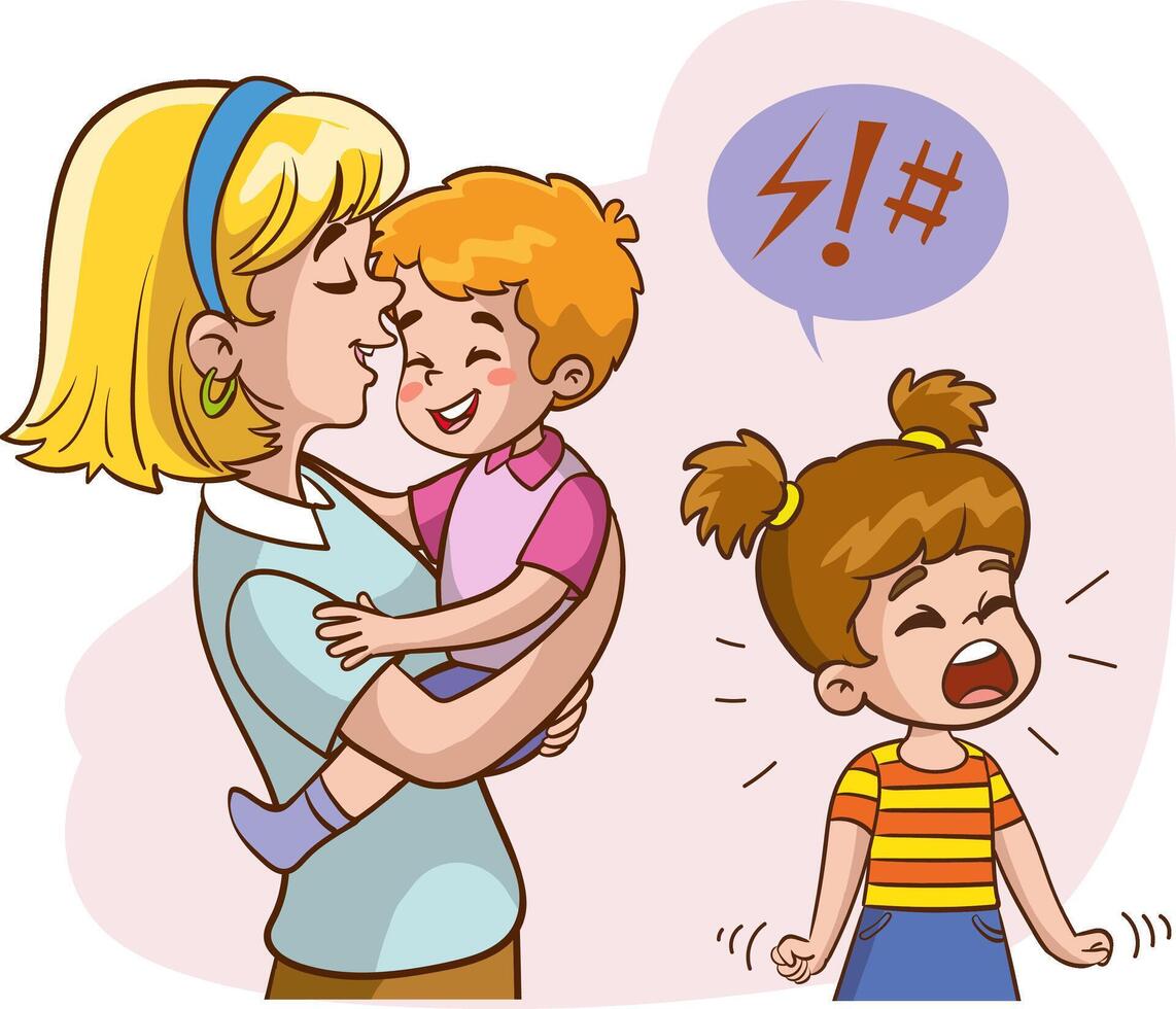 Sad and angry child looking at his mother holding her baby. child is jealous of his mother flat illustration. Sibling rivalry concept for family relationship, banner, website design or landing vector