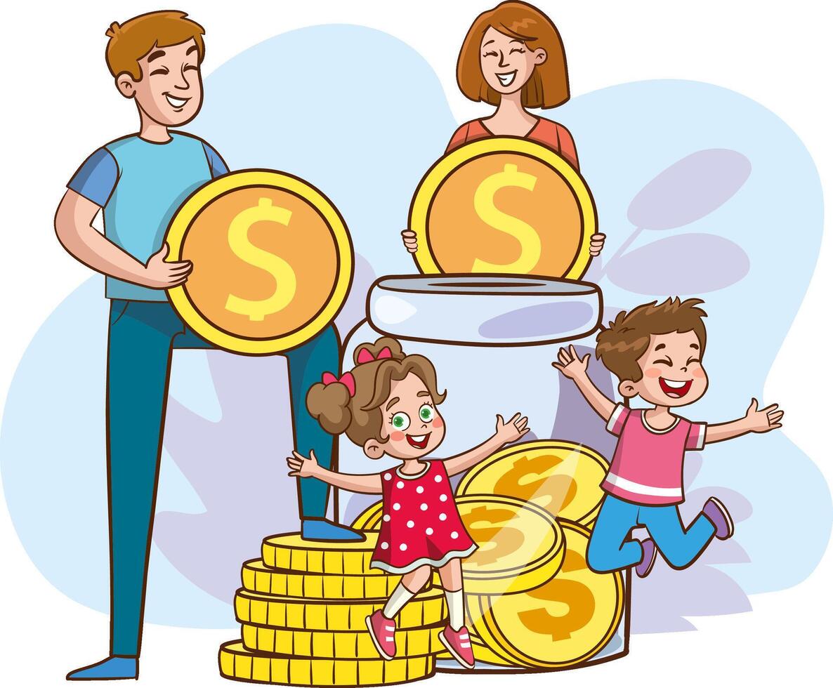 familia pone dinero en el cerdito banco. pequeño padre, madre y niño invertir en futuro plano ilustración. ahorros concepto para familia presupuesto, bandera, sitio web diseño o aterrizaje web página vector