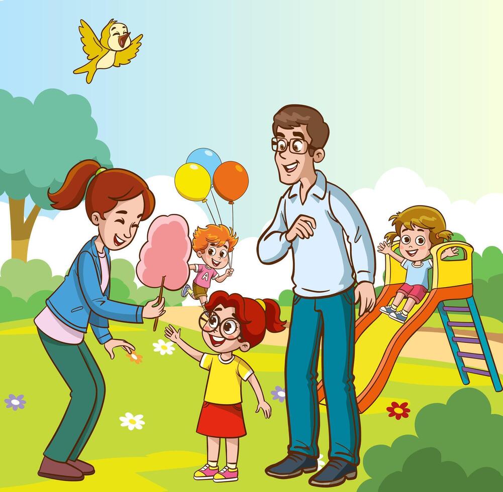 contento familia caminando en el ciudad parque. padre, madre, hijo y hija juntos al aire libre. ilustración en dibujos animados estilo vector