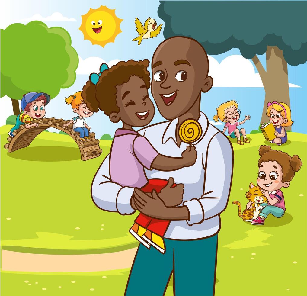 Happy family walking in the city park. Father, mother, son and daughter together outdoors. illustration in cartoon style vector