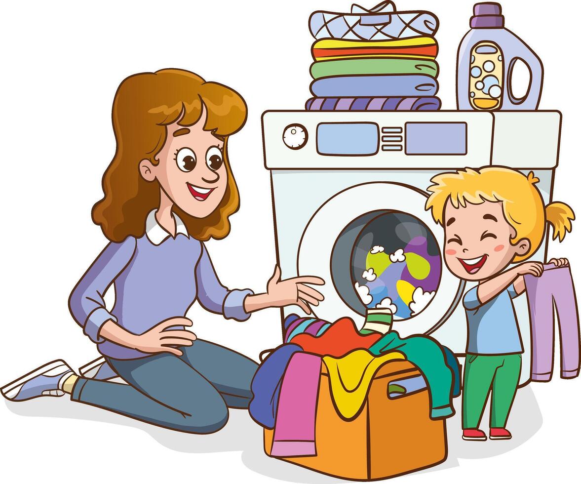 The child wants to help his mother take the clothes out of the washing machine. Character design. flat illustration vector