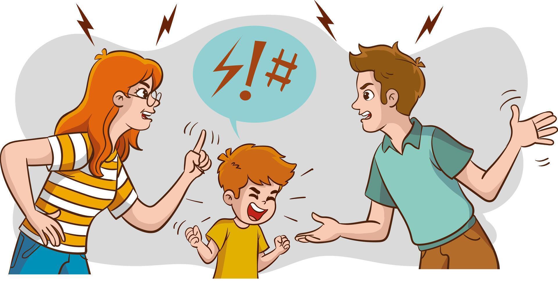 Angry mother and father fought in front of their children. Fighting man and woman couple upsets the girl child. Relationship conflict, divorce problem flat illustration vector