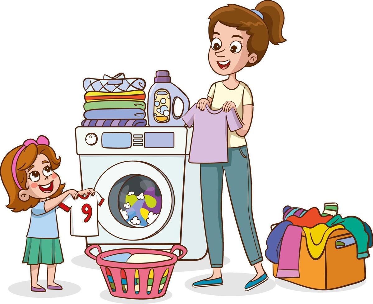 The child wants to help his mother take the clothes out of the washing machine. Character design. flat illustration vector