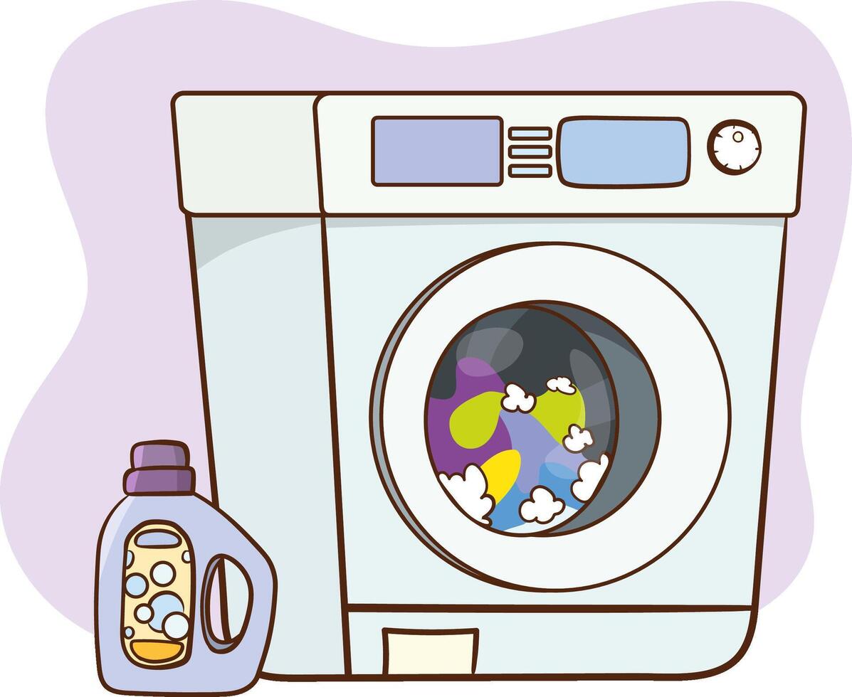 Laundry machine with washing clothing and linen illustration, flat cartoon style washer with baskets of linen and detergent, concept of domestic housework service clipart vector