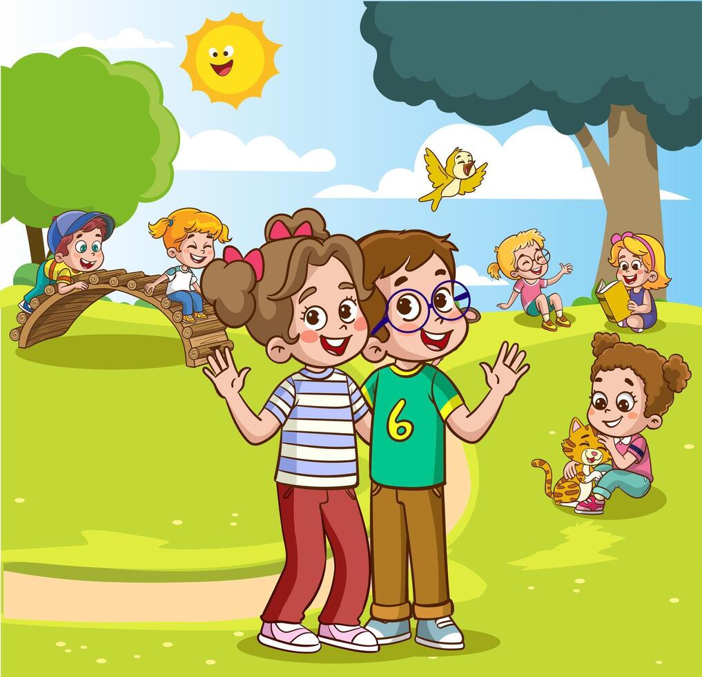 illustration of kids are smiling waving at the camera vector