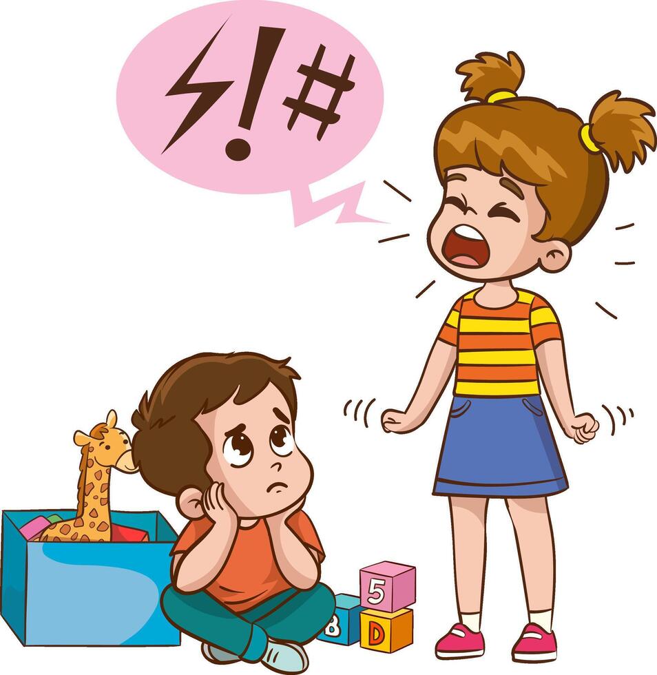 little boy angry and shouting at his friend. Angry boy shouting at a friend. Children are being bullied. illustration vector