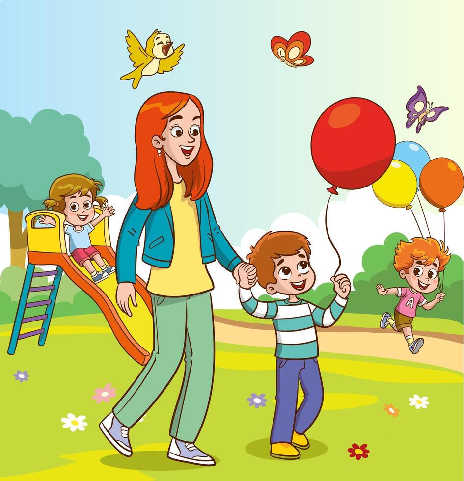 Happy family walking in the city park. Father, mother, son and daughter together outdoors. illustration in cartoon style vector
