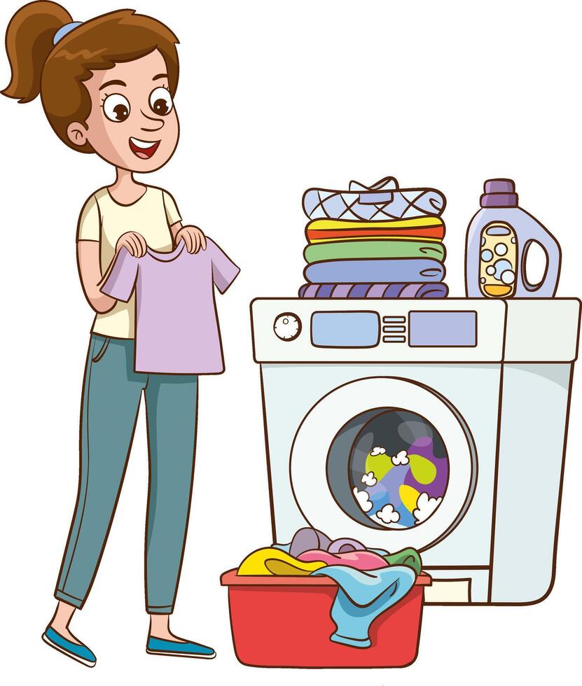 Woman busy with dirty laundry illustration. Cartoon wife, mother putting clothes in washing machine. Cute housewife doing domestic chores isolated character. Laundromat, domestic appliances vector