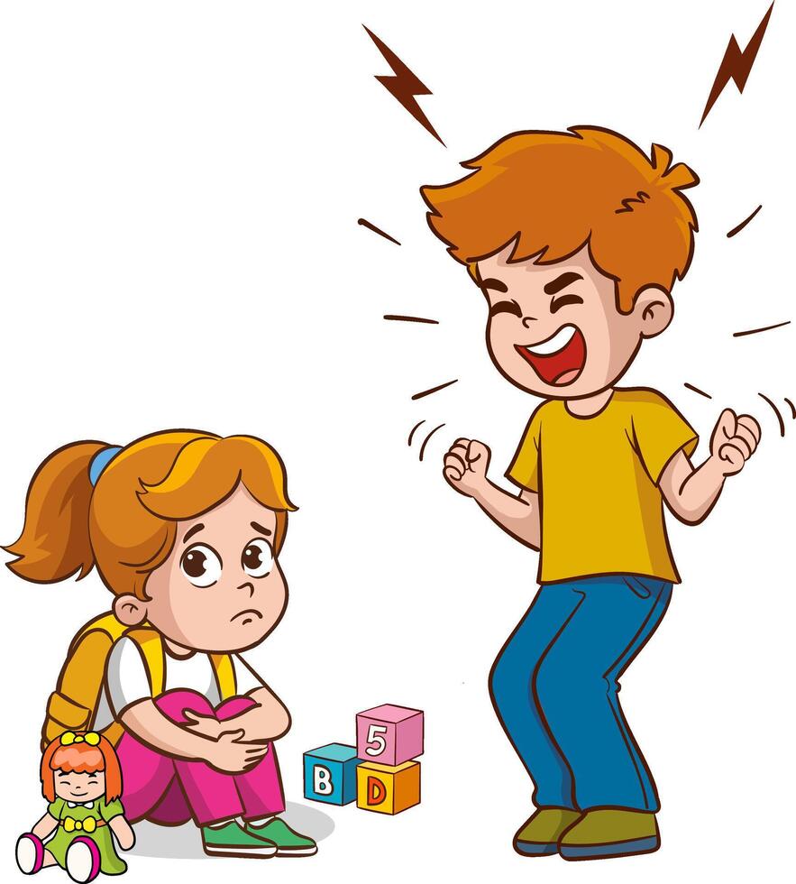 little boy angry and shouting at his friend. Angry boy shouting at a friend. Children are being bullied. illustration vector