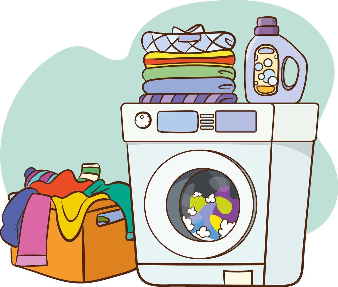 Laundry machine with washing clothing and linen illustration, flat cartoon style washer with baskets of linen and detergent, concept of domestic housework service clipart vector