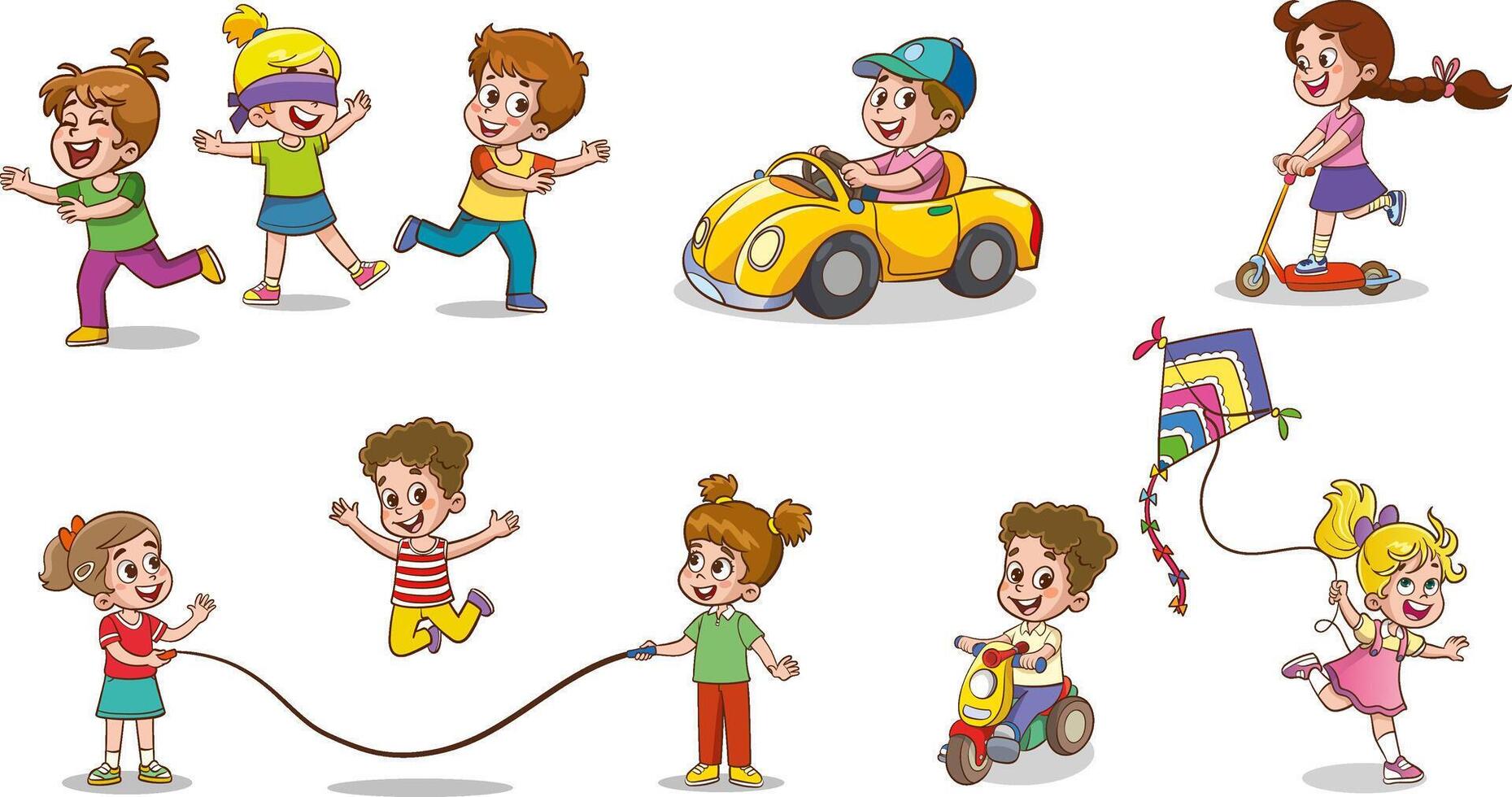 niños jugando ilustración colocar. dibujos animados contento chico y niña caracteres jugando diferente divertido juegos juntos ilustración vector