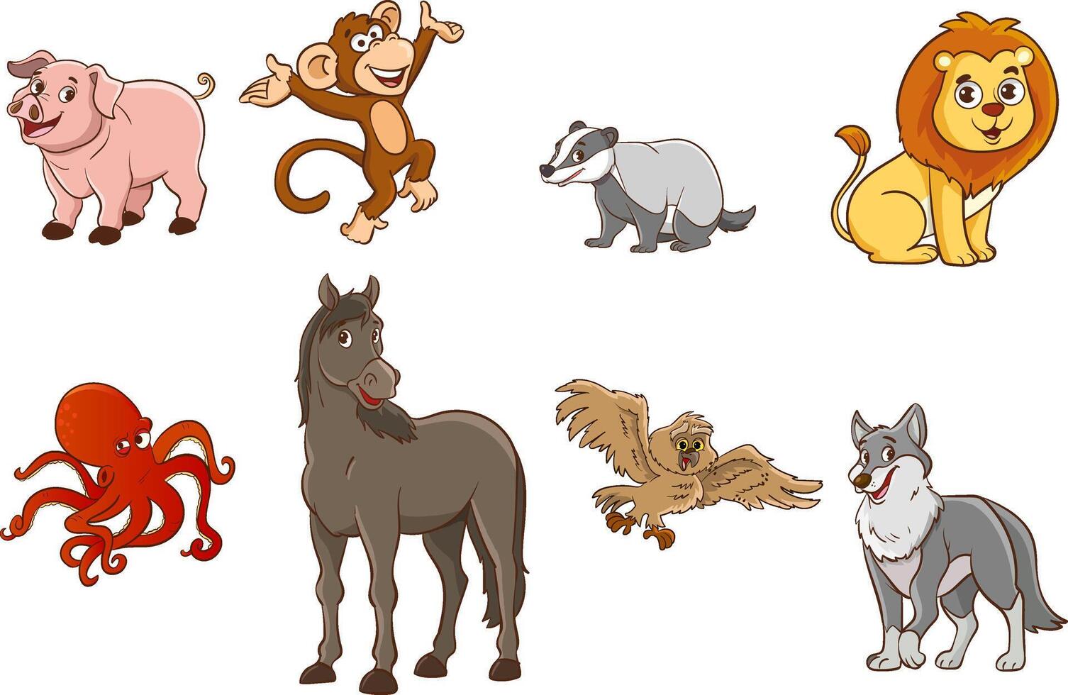 Set Of Cute Cartoon Animals.Big set with cartoon applied animals. collection with mammals. vector