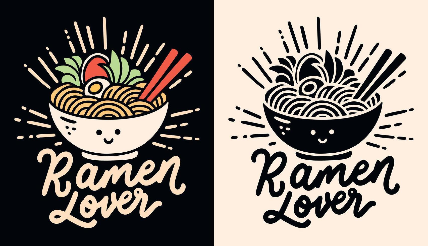 Ramen lover lettering poster cute kawaii ramen noodles bowl minimalist illustration retro vintage printable drawing Japanese food smiley face aesthetic for shirt design and print cut file vector