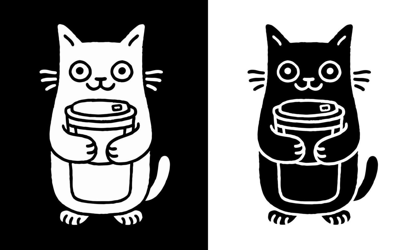 Cat drinking coffee illustration cute kitten holding a large takeaway coffee cup black and white kawaii ink drawing art for cats and coffee lovers stickers design and printable products vector