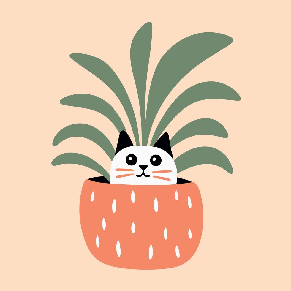 gato dentro planta maceta linda dibujo gatito y planta de casa mano pintado ilustración lento vivo con mascota boho estético para gatos y plantas amantes minimalista pegatina diseño para gato mamá impresión productos vector