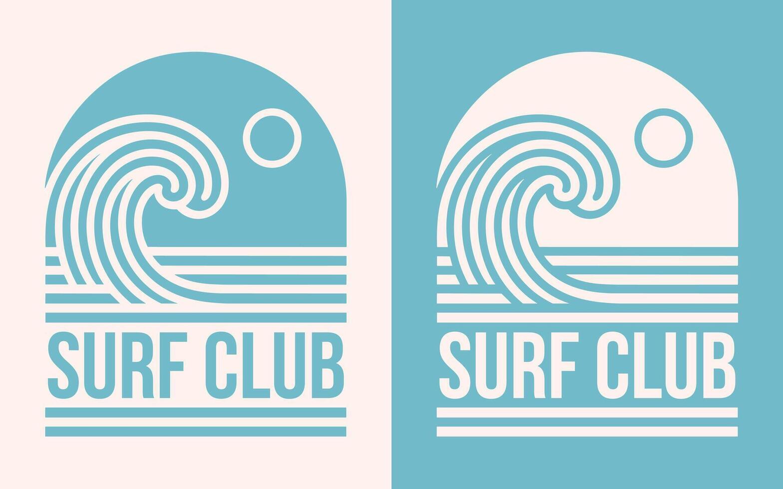 Surf club surfing lover surfer squad crew group team gang boho elegant retro vintage badge logo ocean sea wave sun minimalist illustration for shirt design clothing and print cut file vector