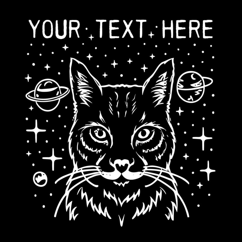 Cat and celestial galaxy elements spiritual girl and mystical occult cat lover concept enlightened mystic and witchy kitten portrait drawing with text space for logo and shirt design vector