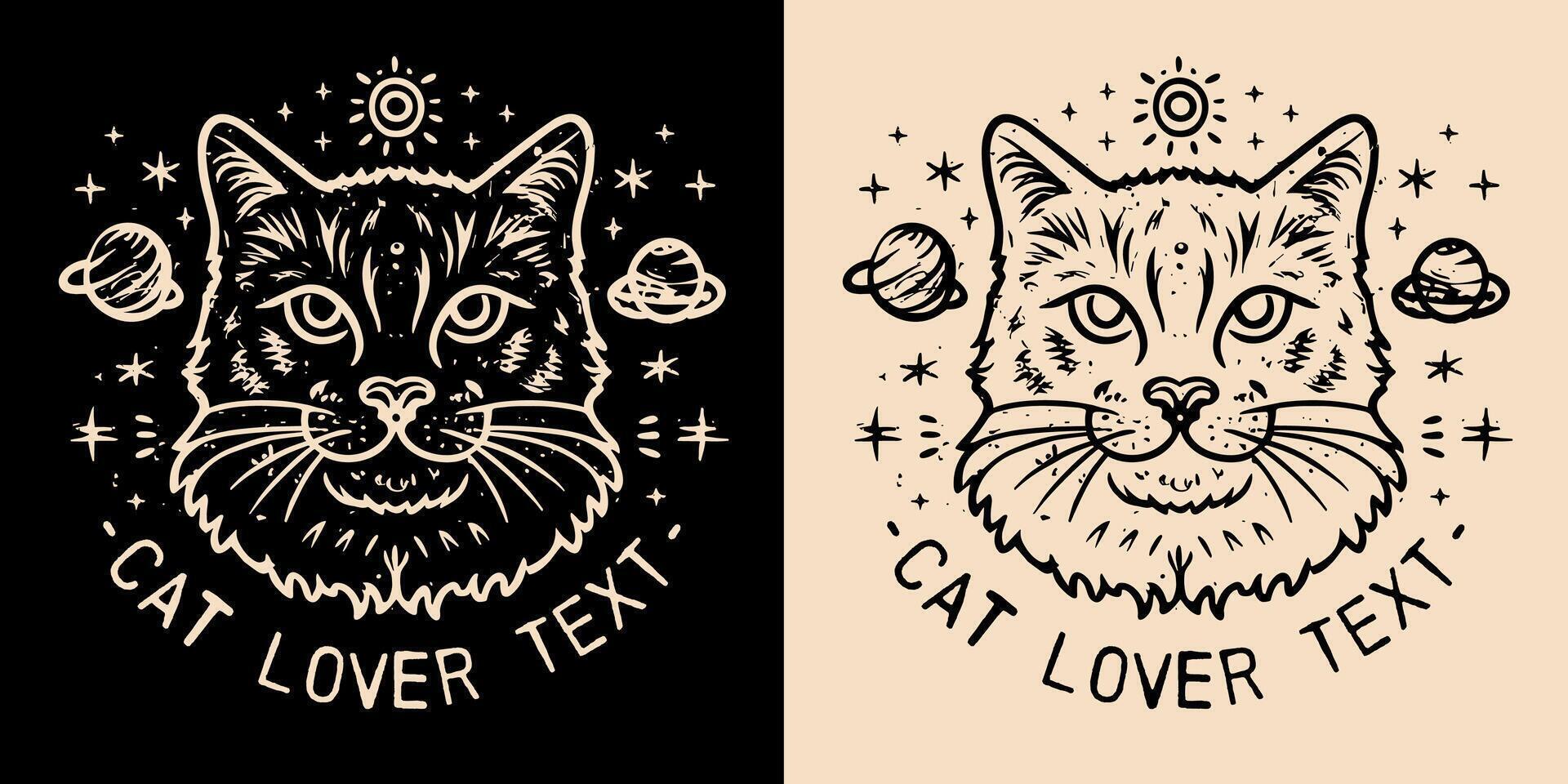 Cat and celestial galaxy elements spiritual girl and mystical occult cat lover concept enlightened mystic and witchy kitten portrait drawing with text space for logo and shirt design clothing vector