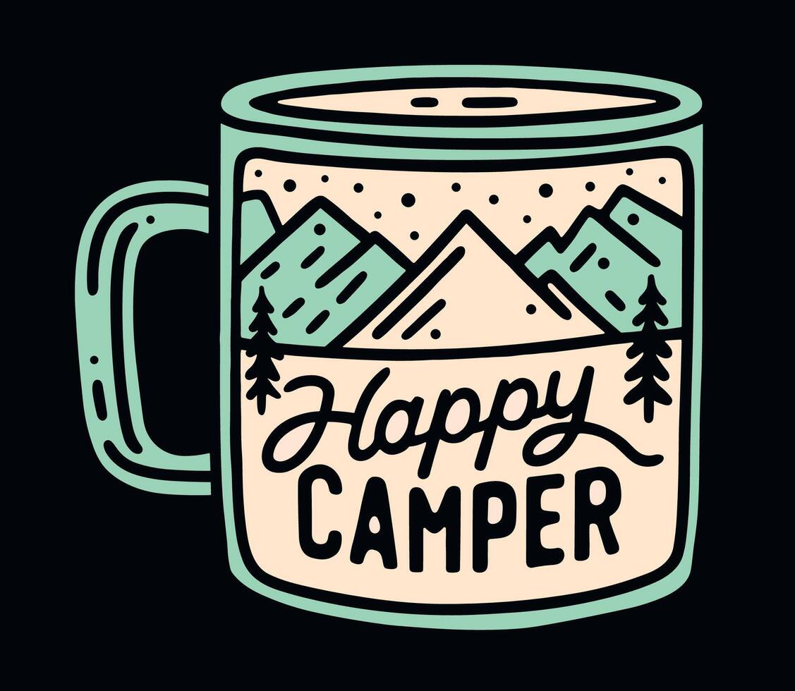 Happy camper cute retro vintage enamel coffee cup illustration mountains landscape and stars inside camping mug minimalist drawing lettering quotes text for stickers and printable gifts vector