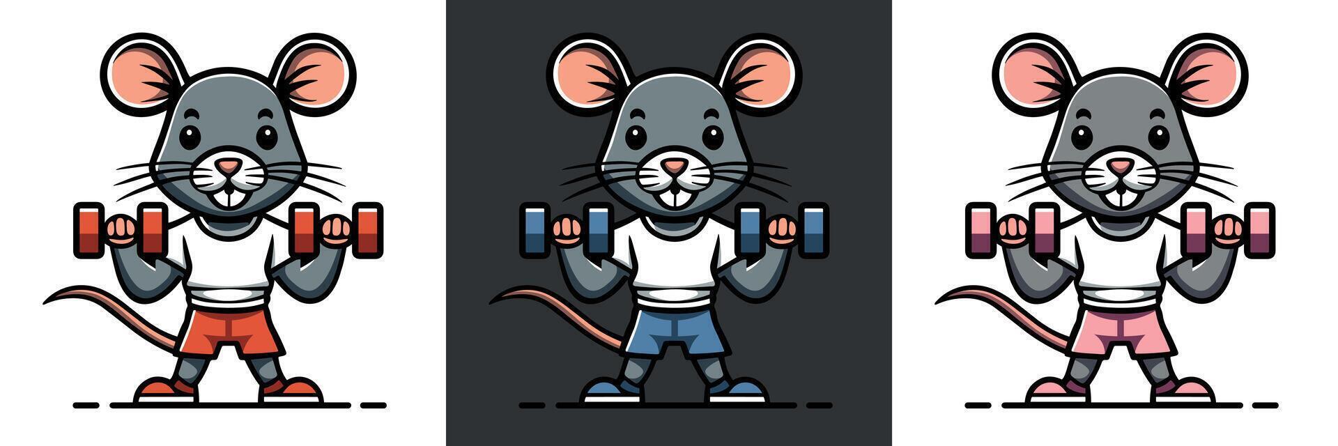 Gym rat lifting weights illustration dumbbell funny gym and fitness logo concept fit family drawing pet strength training outline minimalist flat design for digital and printable products vector