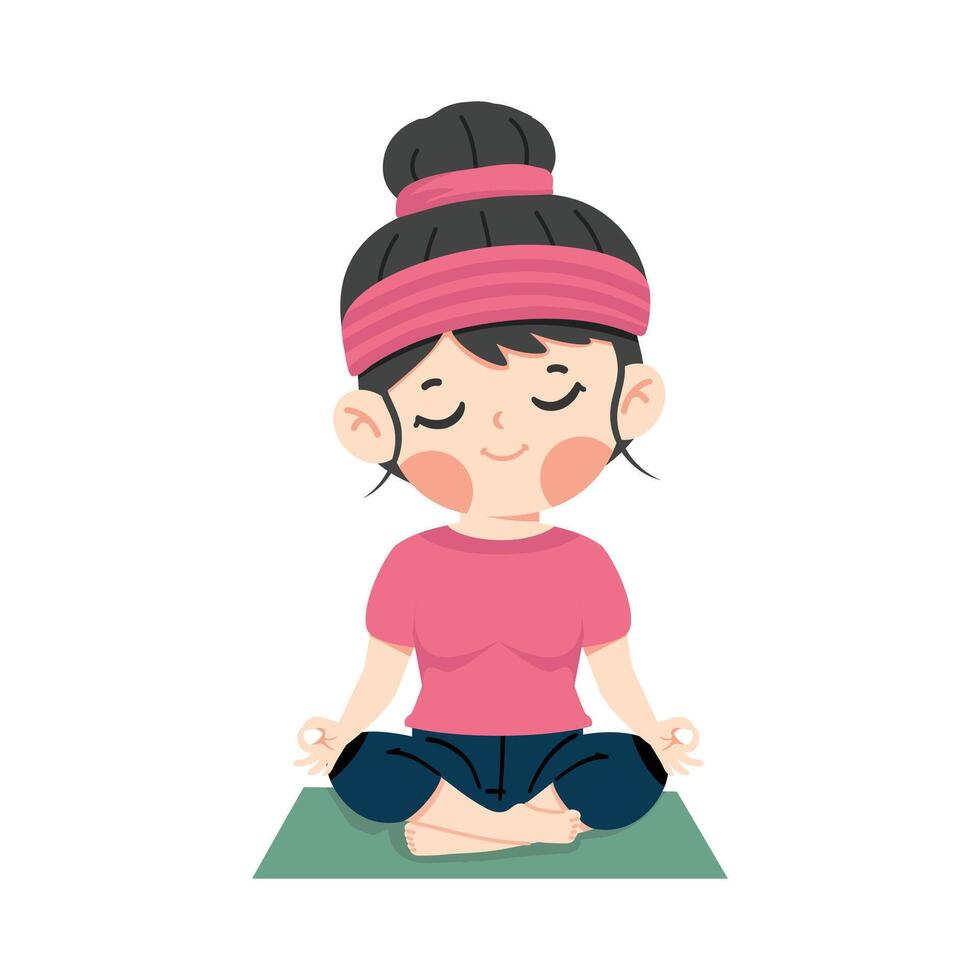 Kid Girl meditating practicing yoga cartoon vector