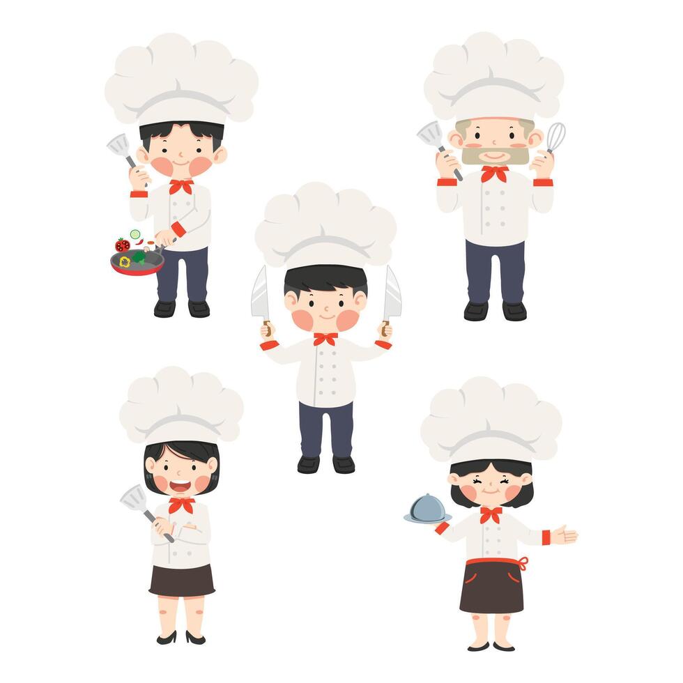 contento linda niño en cocinero disfraz conjunto vector