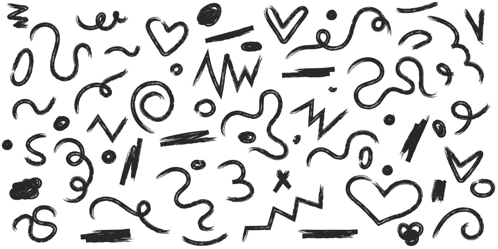 Hand drawn graffiti style squiggles. Doodle marker shapes, cross, hearts, curved lines, underlines and dots. Scribbles and daubs with dry brush texture, grunge elements vector