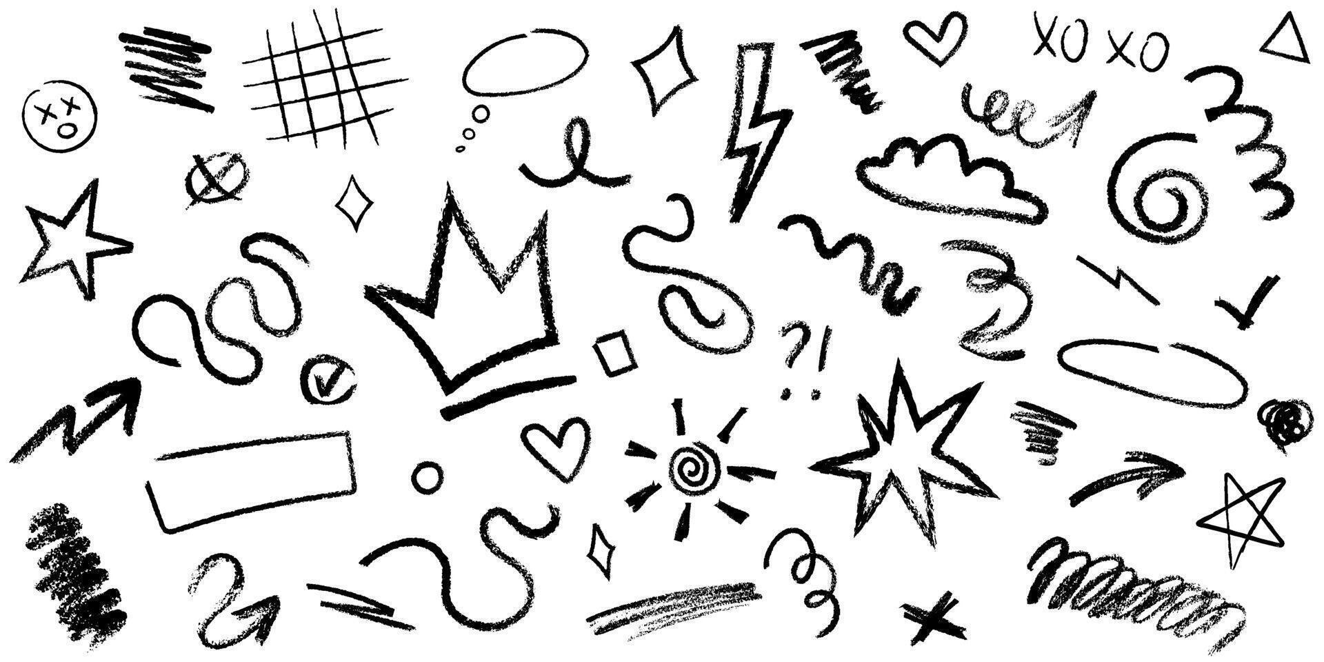 Hand drawn graffiti style squiggles. Doodle chalk symbols - crown, hearts, arrows, textbox, stars. Charcoal scribbles, grunge texture elements vector