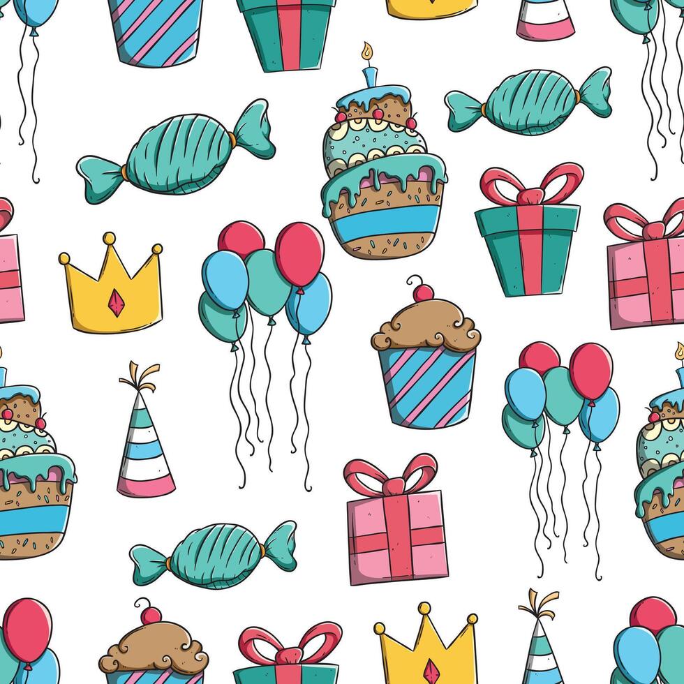 doodle birthday icons or elements in seamless pattern vector