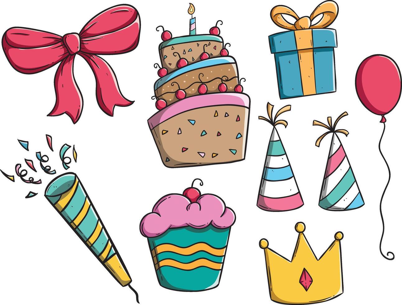 set of doodle birthday party icons or elements vector