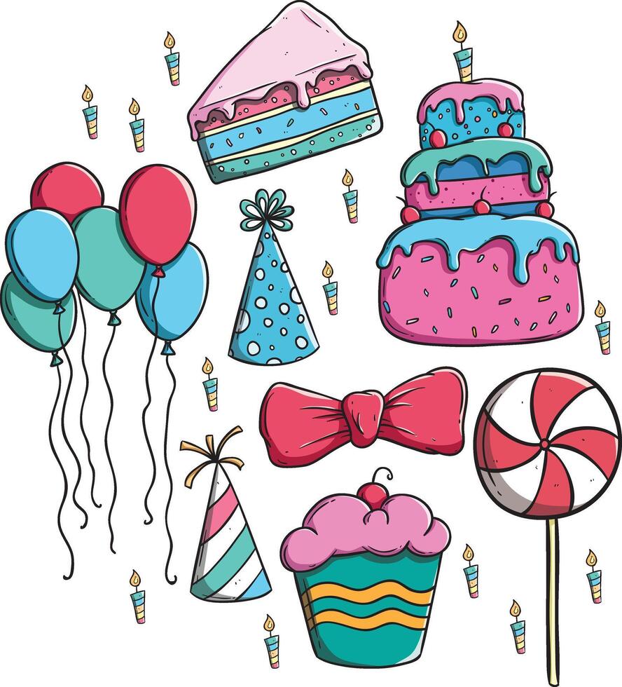 set of doodle birthday party icons or elements vector