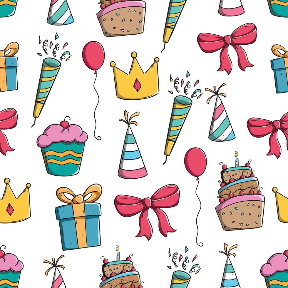 doodle birthday icons or elements in seamless pattern vector