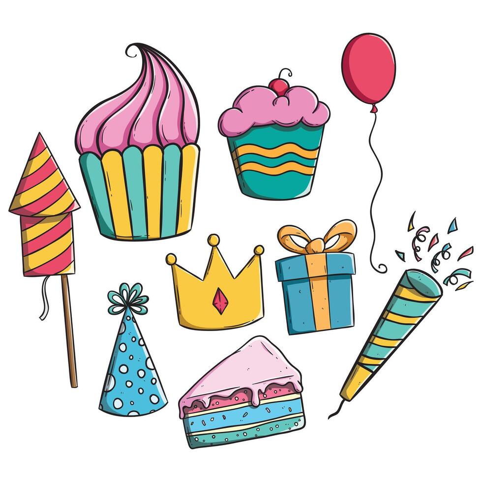 set of doodle birthday party icons or elements vector