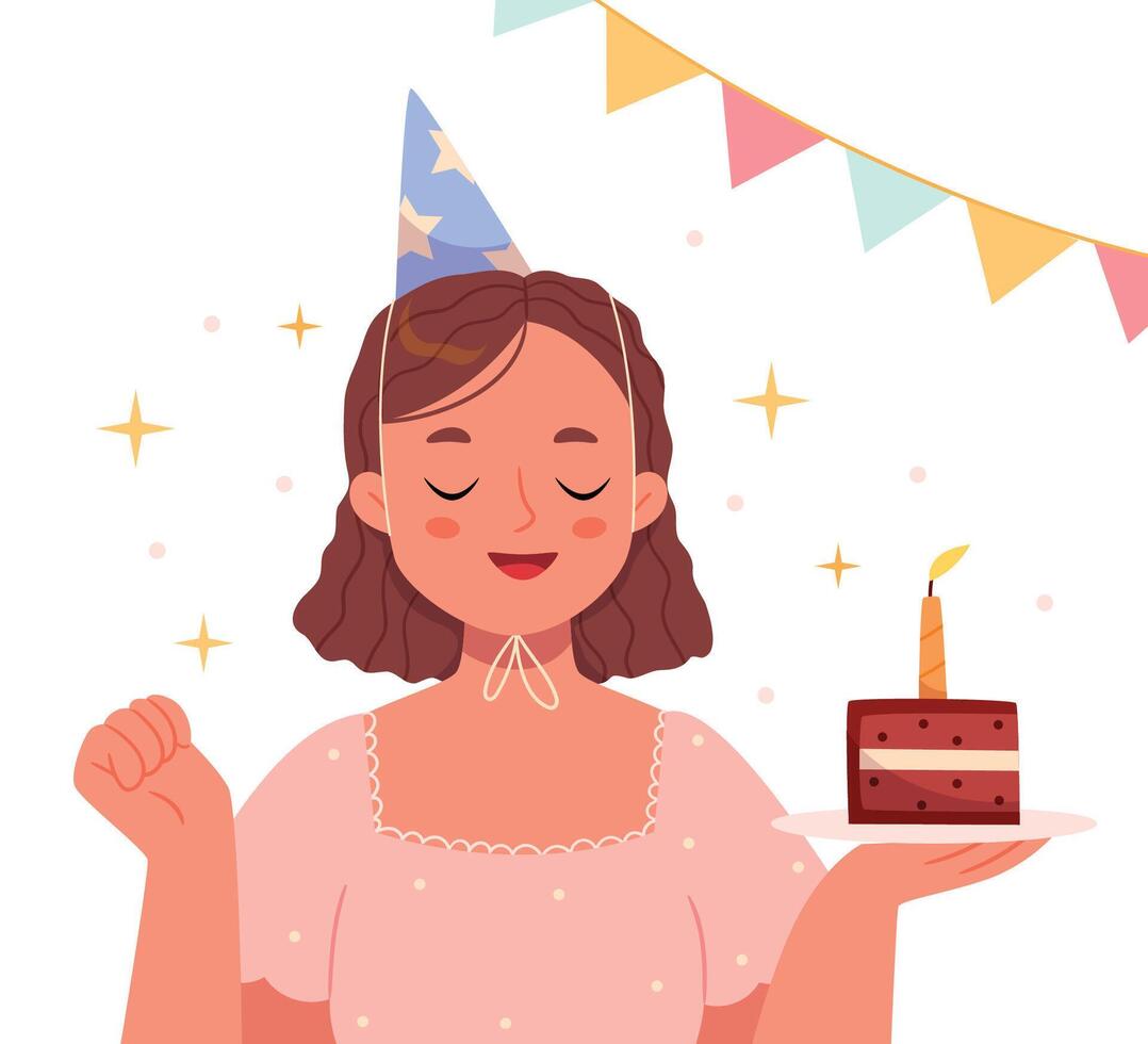 un niña en un fiesta gorra golpes fuera un vela en un pastel y hace un deseo.cumpleaños. festivo humor. pastel colores. mano dibujar. vector
