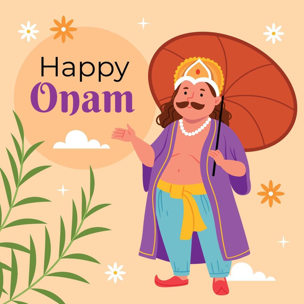 Happy Onam festival in Kerala. Onam celebration, traditional Indian holiday. King Mahabali with umbrella. vector