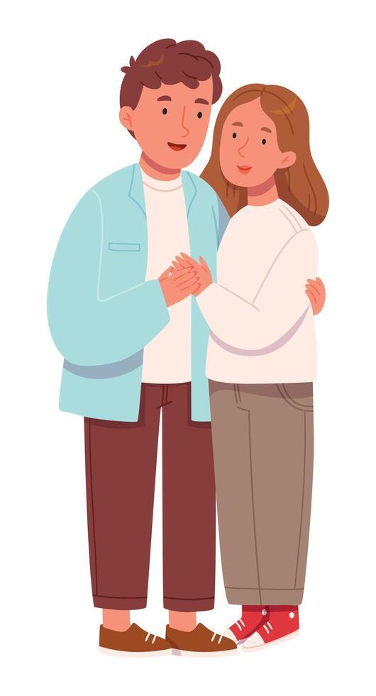 Love tenderness and romantic feelings concept. Young loving smiling couple boy and girl standing hugging embracing each other feeling in love illustration vector