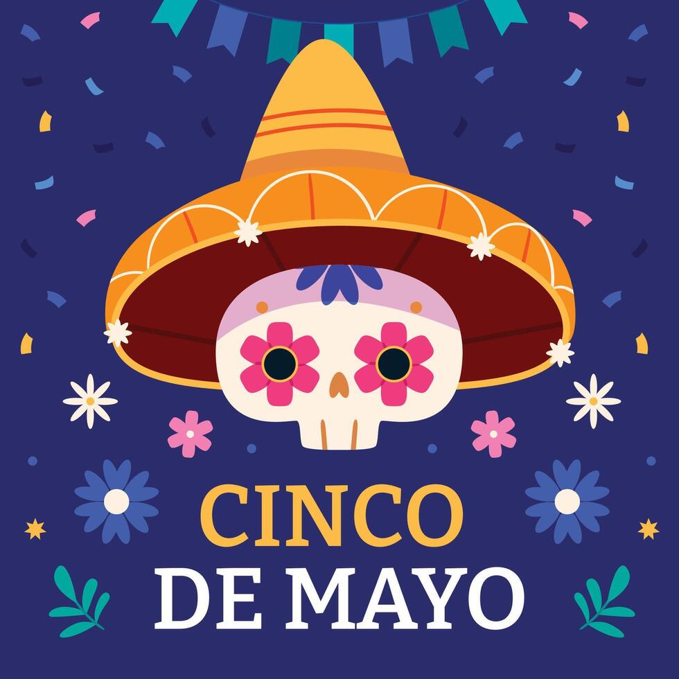 Cinco de Mayo poster or flyer design template with cheerful decorated skull in sombrero and flowers. vector